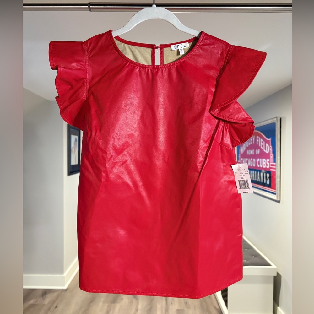 Red Faux Leather Ruffle Sleeve Top